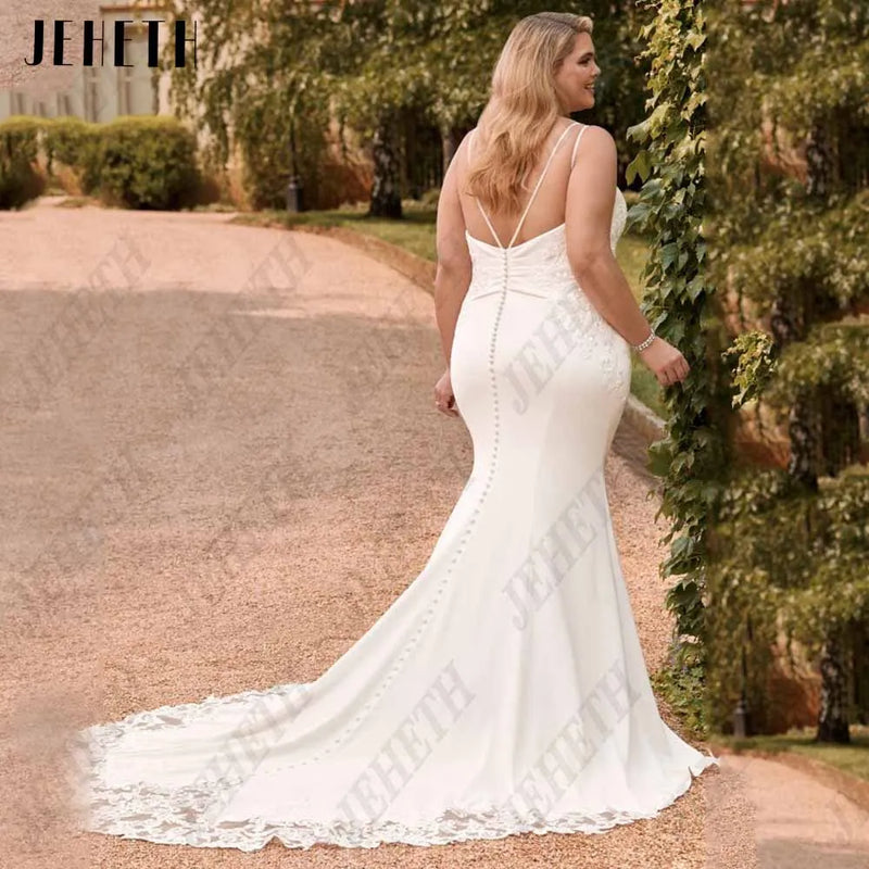 JEHETH Exquisite V-Neck Wedding Dresses Plus Size Spaghetti Straps Backless Bride Gowns Soft Satin Mermaid vestidos Customized