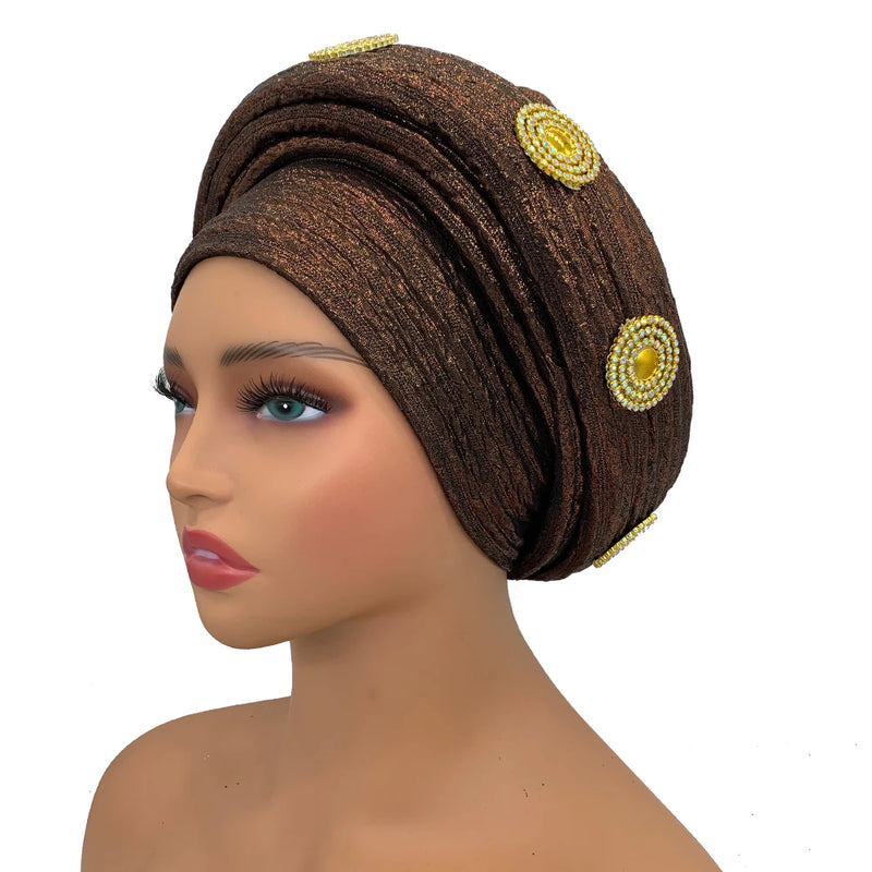 Already Made African Headtie Glitter Diamonds Women's Turban Cap Female Head Wraps Nigeria Wedding Auto Geles Party Headwear Hat