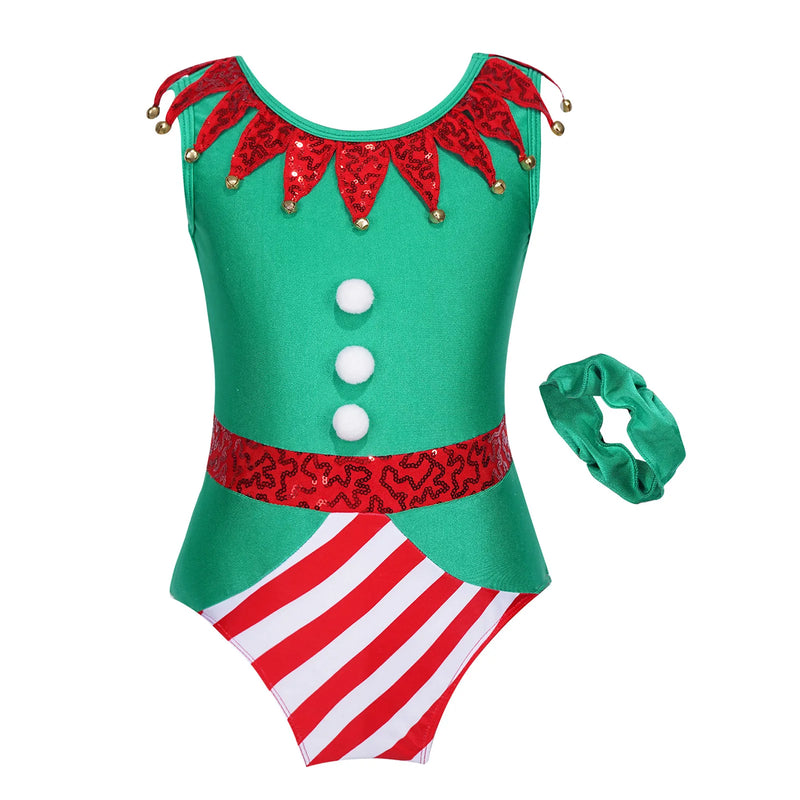 Girl Christmas Gymnastic Leotards with Headband Outfit Sleeveless Ballet Dance Bodysuit Xmas Elf Costume Xmas Athletic Dancewear
