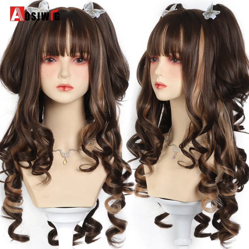 33Inch Synthetic Big wave long curly hair Milk Tea Green Lolita Wigs For Women Cosplay Wig With Bangs Halloween Daily Cosplay Us
