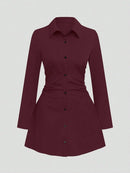 Plus size casual cintura fina manga longa camisa vestido cor pura elegante estilo viajante 2025 outono novo