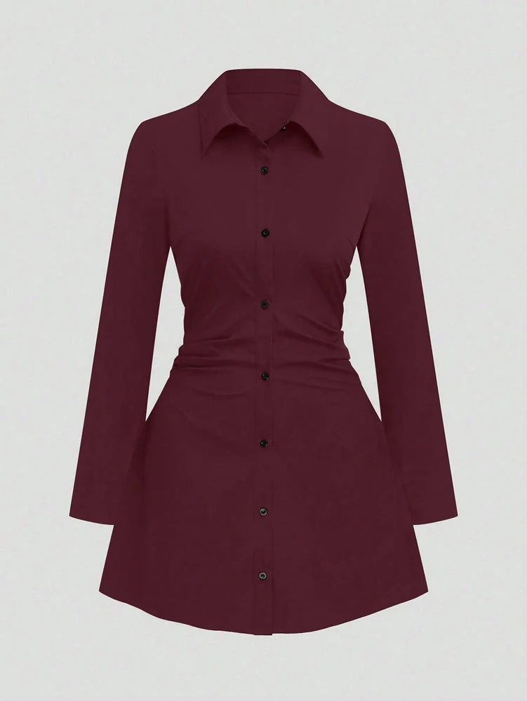 Plus size casual cintura fina manga longa camisa vestido cor pura elegante estilo viajante 2025 outono novo