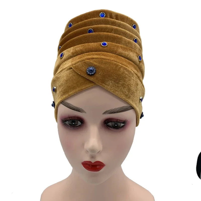 1 pc feminino veludo turbante bonnet diamantes africano aso oke headtie muçulmano cabeça envolve islâmico femme musulman lenço chapéu