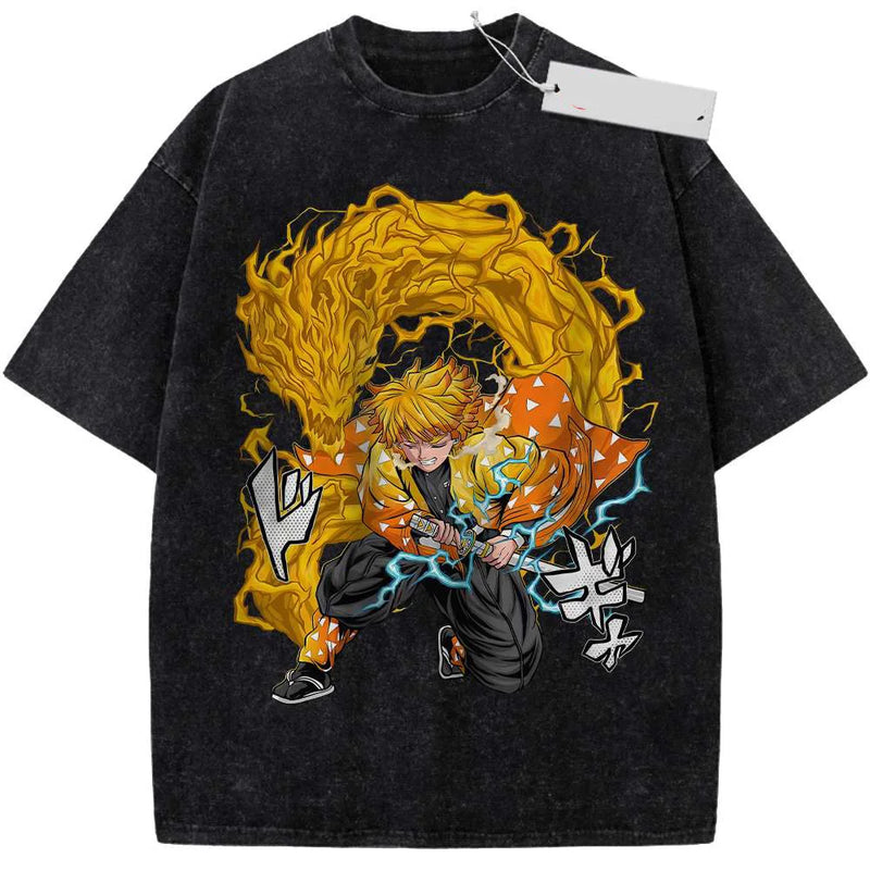 Anime Demon Slayer Agatsuma Zenitsu Graphic Print T Shirt Men Vintage Casual T-shirts Washed Cotton Tshirt Harajuku Male Tops
