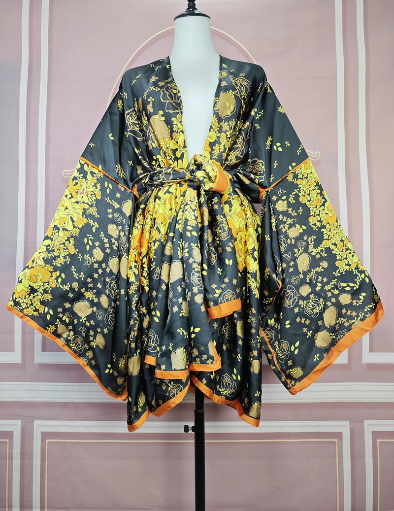 Elegant Floral Summer Sexy Lady Beach Bikini Mini Kimonos Plus Size African Women Fashion Swimwear Loose Cardigans Clothes
