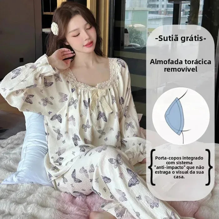 Elegant Women's Bow Long Sleeve Pajama Set With Chest Pad Autumn/Winter New Style Cloud Cotton One-Row Collar Home Clothes
