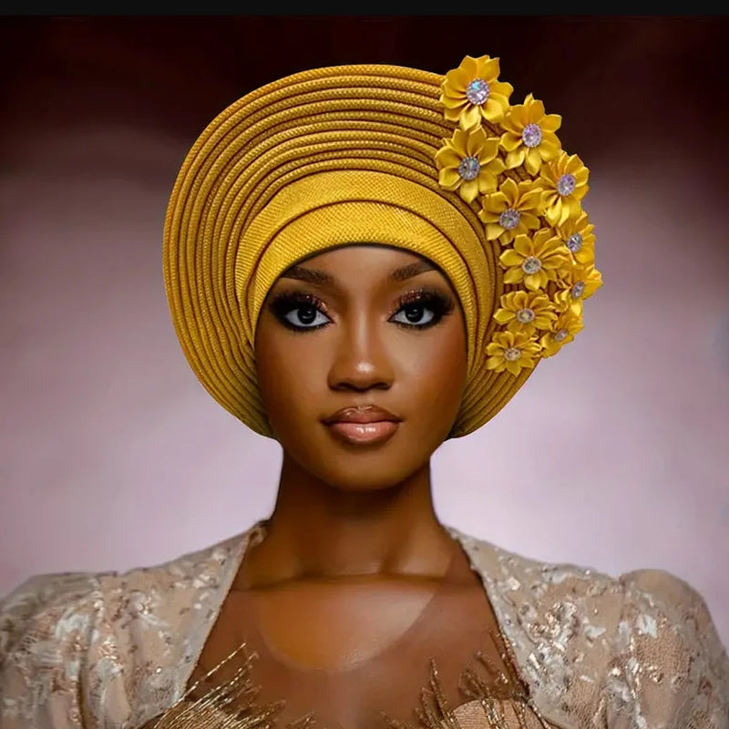 New African Headtie Turban Nigeria Head Ties with Flowers Already Made Auto Gele Women Head Wraps for Wedding Party