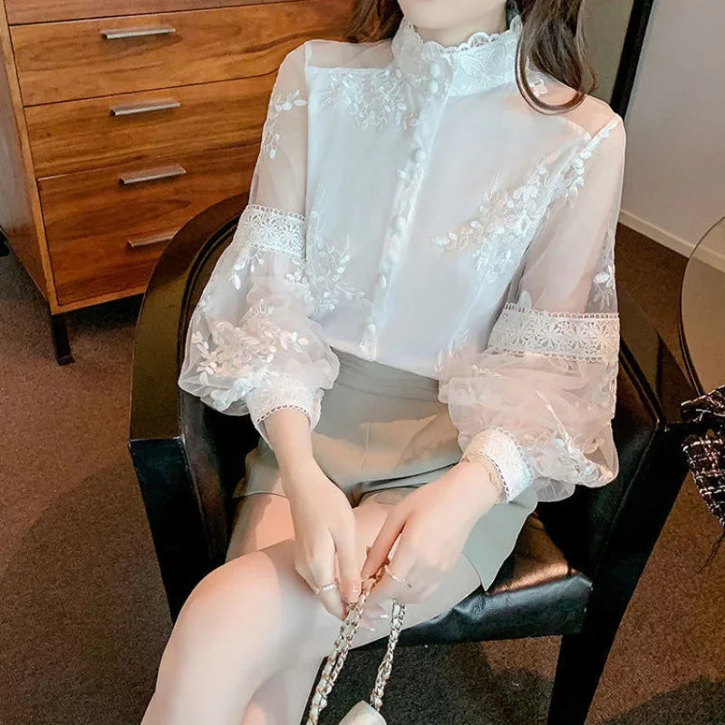 Elegant Embroidered Lace Panel Lantern Sleeve Chiffon Shirt Women's Autumn Hot Sale Of The Season Style Courtly Fashion Stand Co