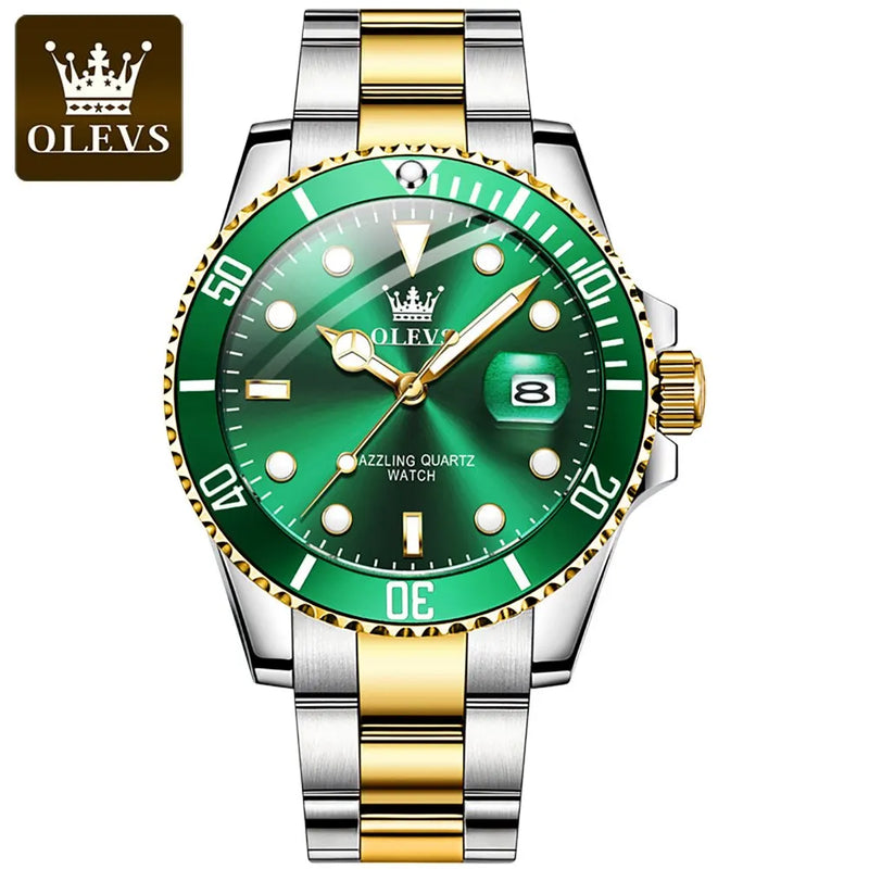 OLEVS-Relógio quartzo de aço inoxidável impermeável masculino, relógio de pulso verde luminoso, Top original, luxo