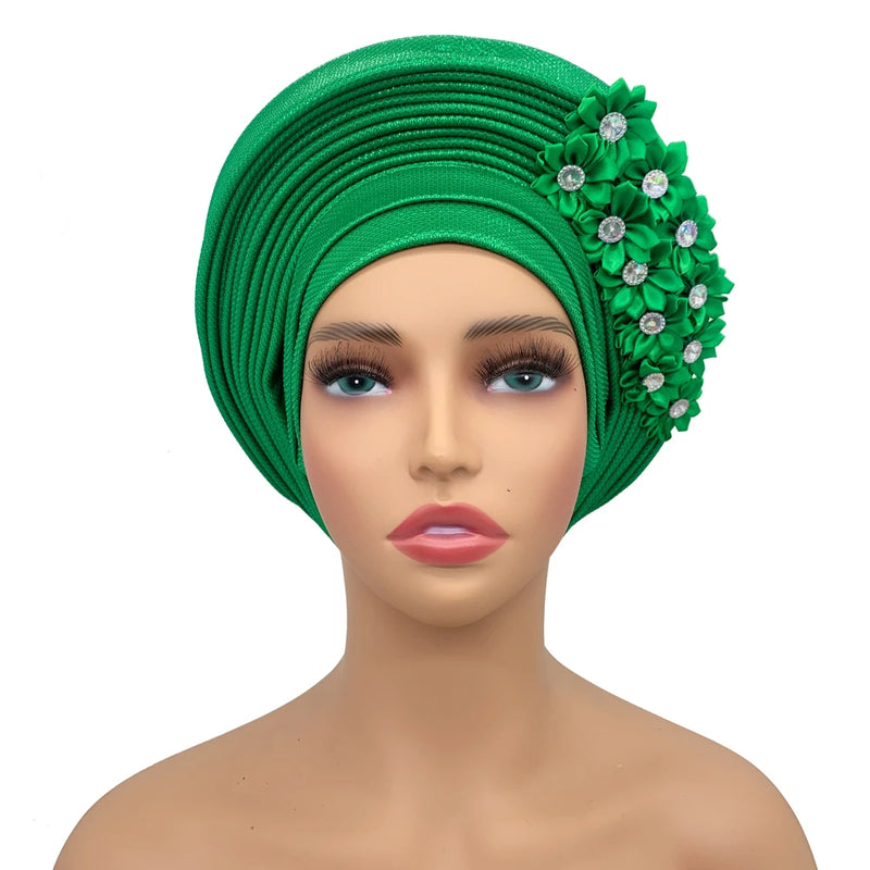 New African Headtie Turban Nigeria Head Ties with Flowers Already Made Auto Gele Women Head Wraps for Wedding Party