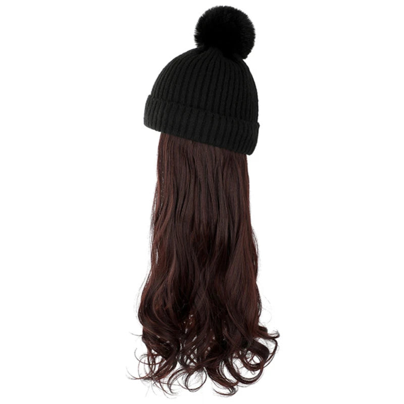 Fashion Hat Wig Brimless Cap with Long Curly Wave Hair Extensions Knitted Synthetic Removable Hairs Piece for Women Winter Use