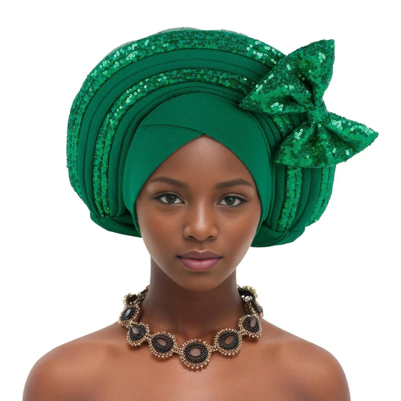 Lantejoulas Bowknot Headtie Africano, Nigeriano Auto Gele Envoltórios Cabeça das Mulheres, Já Feito Boné de Turbante, Casamento Geles Festa Capacete