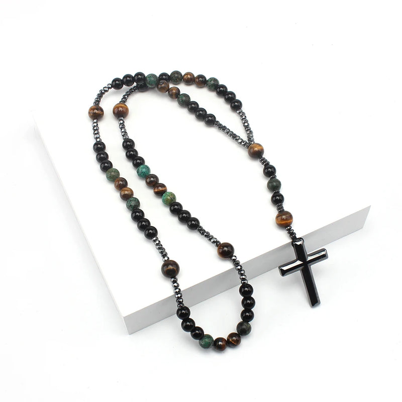 Natural Stone Africa Turquoise and Tiger-eye Beads Cross Pendant Necklace Rosary for Men and Women
