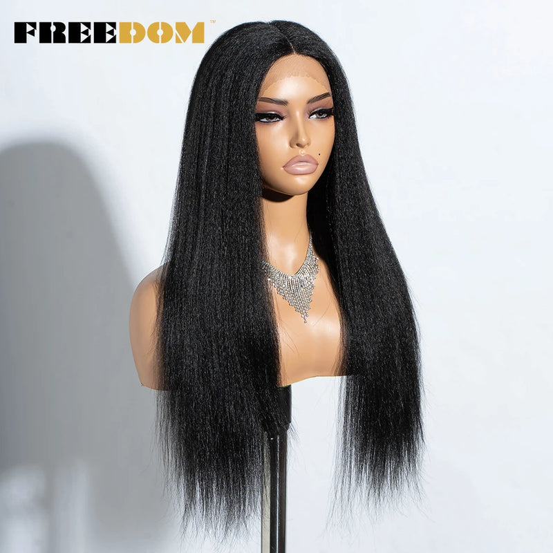 FREEDOM Yaki Straight Synthetic Lace Front Wigs For Women 26" Ombre Brown Blonde Lace Wig Heat Resistant Clearance Cosplay Wig