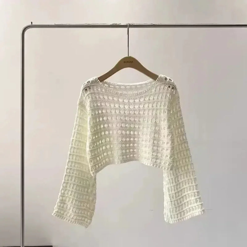Women Crochet Knit Hollow Out Crop Top Long Sleeve Shrug Sweater Mesh Cover Ups Cardigan Streetwear Pullover Women Clothes Y2k