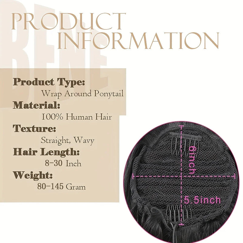 Extensão de rabo de cavalo com cordão reto, 10 "-30", rabo de cavalo longo e reto, 100% cabelo humano, clipe em rabo de cavalo, postiços para mulheres