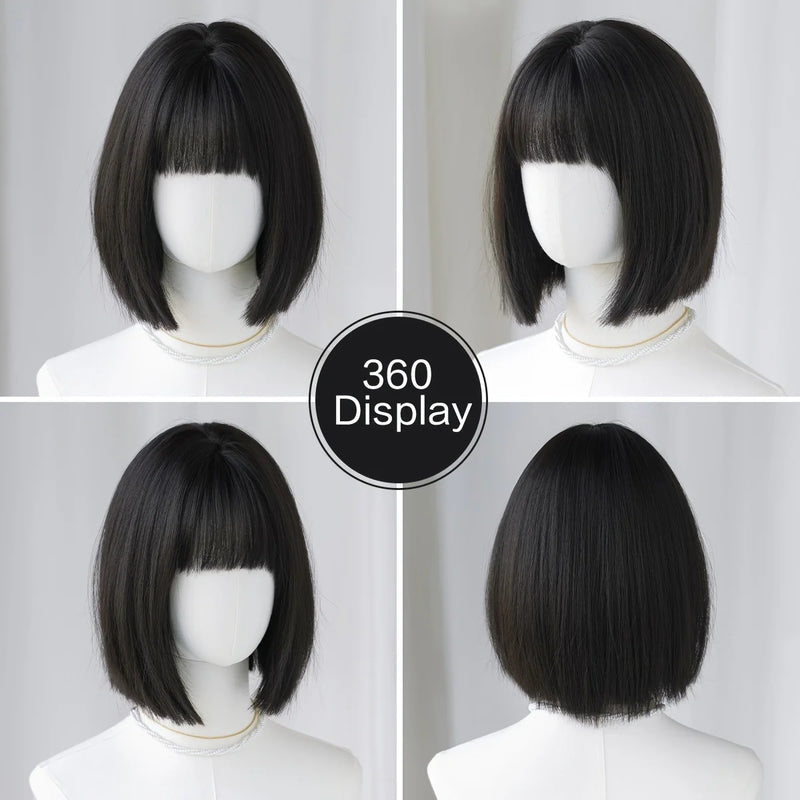 Routine Bob Wigs Short Straight Black Wig with Bangs High Density Synthetic Fluffy Bob Wigs for Women Girls Daily Use 12.59 Inch