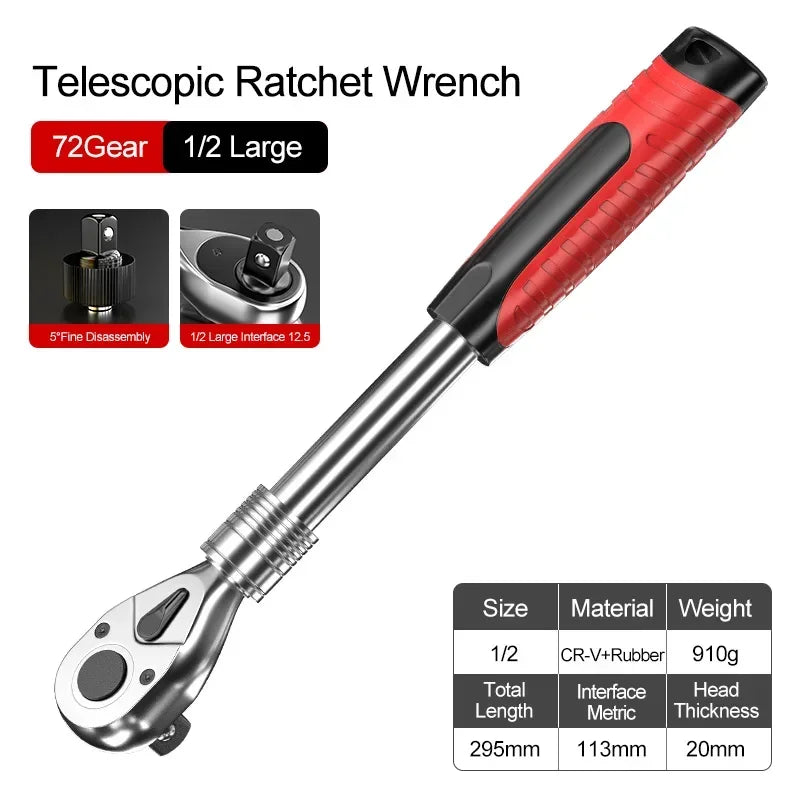 72 dentes 1/4 "1/2" chave de soquete telescópica catraca CR-V liberação rápida profissional ferramentas manuais reparo automóvel