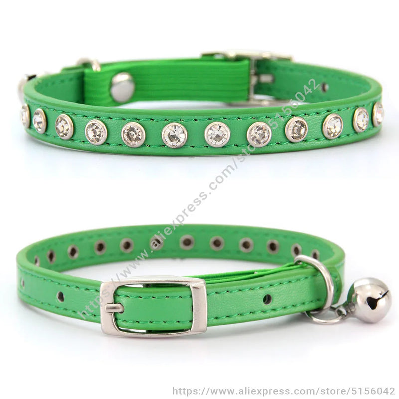 Shiny Rhinestone Pet Collar Safety Adjustable Cat Dog Collars With Bell Puppy Kitten Decoration Accessories Leather Flocking S