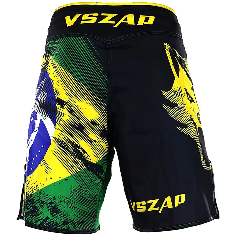 VSZAP-Brazilian Flag MMA Shorts, Bodybuilding Sweatpants, Sanda Breeches, Fitness, Muay Thai Wolf,Casual Elastic Beach Clothing