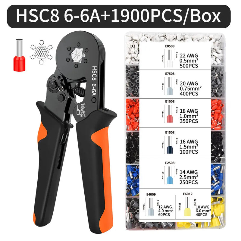 Hexagonal Auto-Ajustável Ratchet Virola Crimping Tool Kit, Crimper Kit com Mangas Virola, Terminais de Fio, 23-7AWG, 0.25-10 mm2