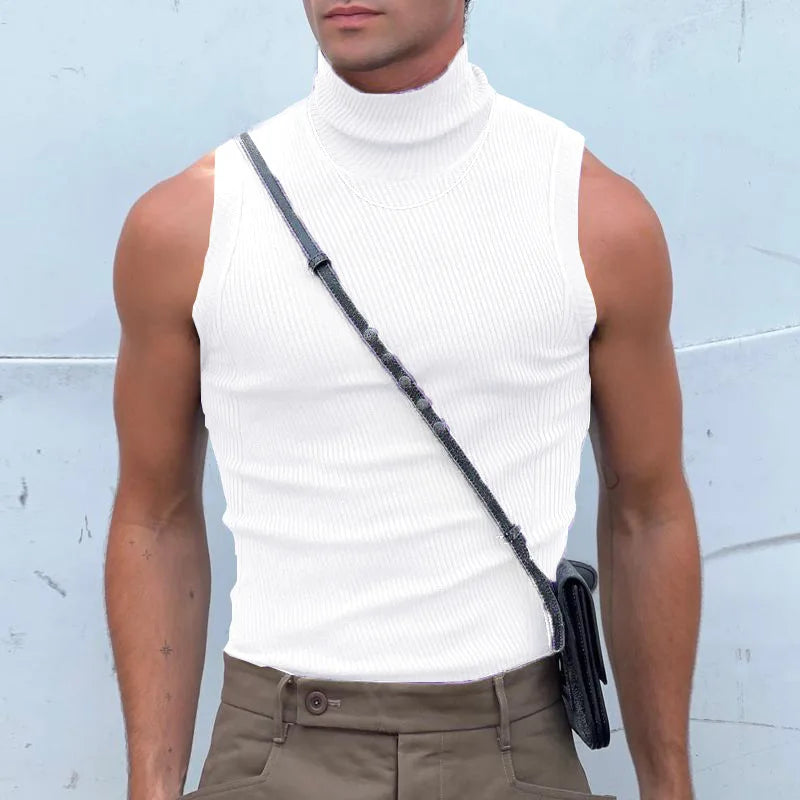 Spring and summer men's T-shirt solid color fashionable sleeveless bottoming shirt fashionable men's sexy tight turtleneck vest