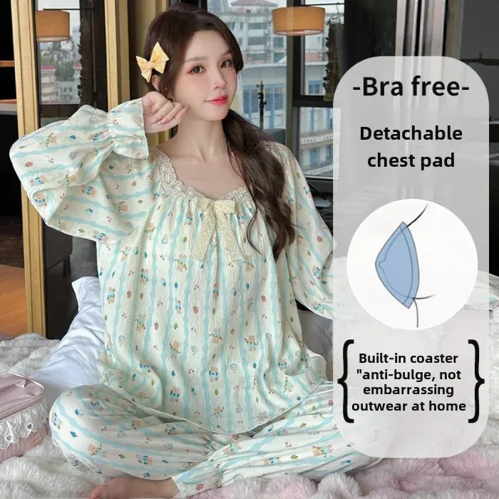 Elegant Women's Bow Long Sleeve Pajama Set With Chest Pad Autumn/Winter New Style Cloud Cotton One-Row Collar Home Clothes