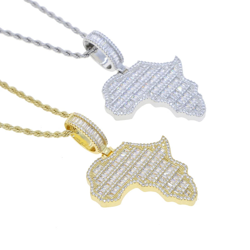 New Iced Out Bling Map Of Africa Pendant Necklace Gold Color Full CZ Zircon Charm Men Fashion Hiphop Jewelry