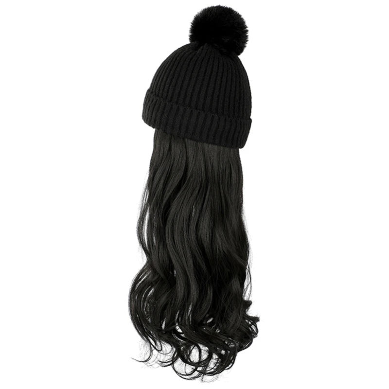 Fashion Hat Wig Brimless Cap with Long Curly Wave Hair Extensions Knitted Synthetic Removable Hairs Piece for Women Winter Use