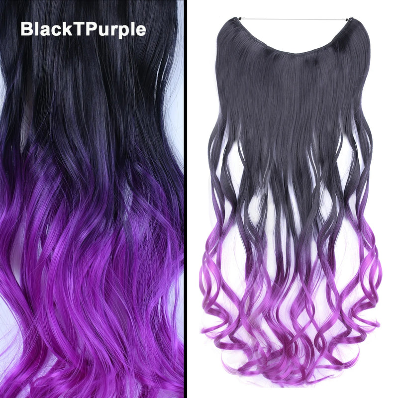 Jeedou One Piece Synthetic Hair Extension No Clips Whit Invisible Line Straight&Wavy Hair Hairpieces Brown Blue Ombre Color
