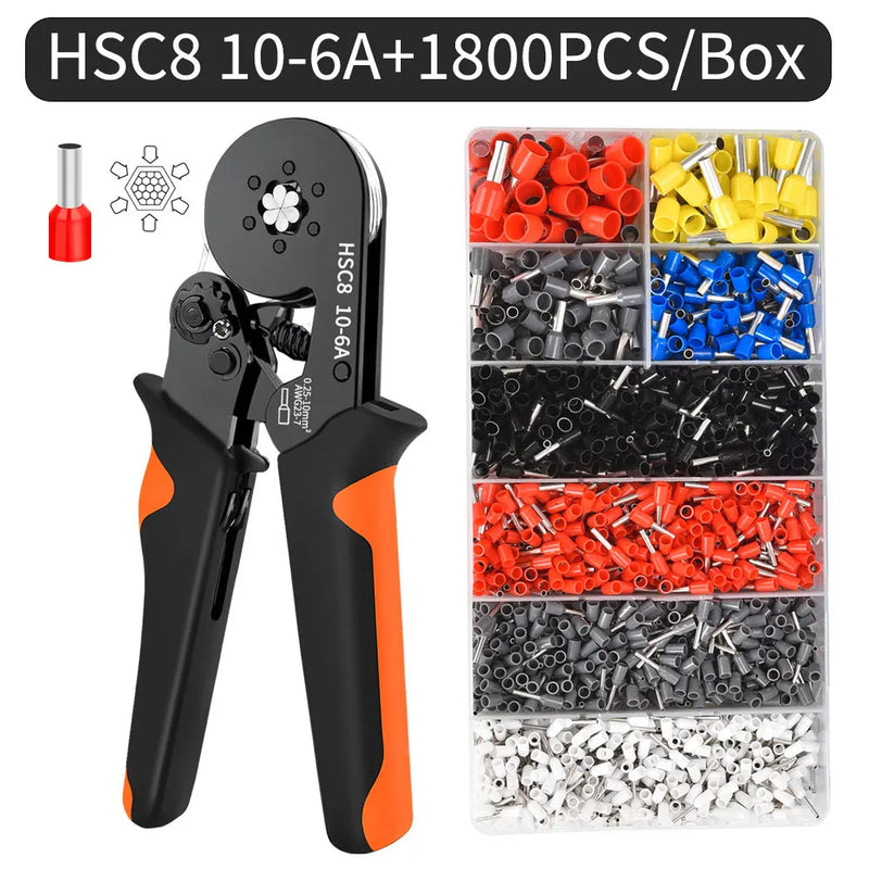 Hexagonal Auto-Ajustável Ratchet Virola Crimping Tool Kit, Crimper Kit com Mangas Virola, Terminais de Fio, 23-7AWG, 0.25-10 mm2