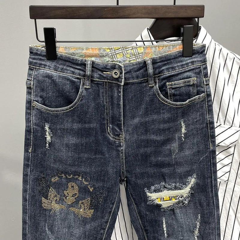 2025 Brand Luxury Men's Clothing Jeans New Slim-fit Ripped Pants Men's Trendy Brand Elastic Versatile Spirit Guy Work Pants Man