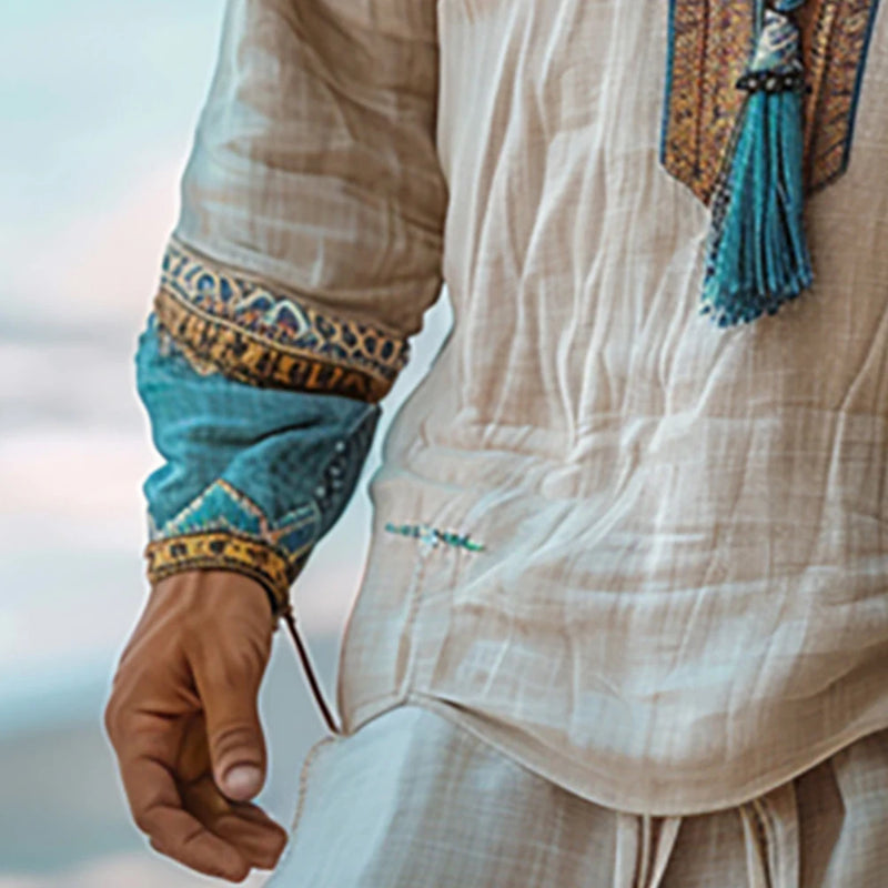 Ethnic Mens Linen Shirt Autumn Long Sleeve Male Clothing Fashion Streetwear V-Neck Print Men Blouse Tops Plus Size Causal Shirt