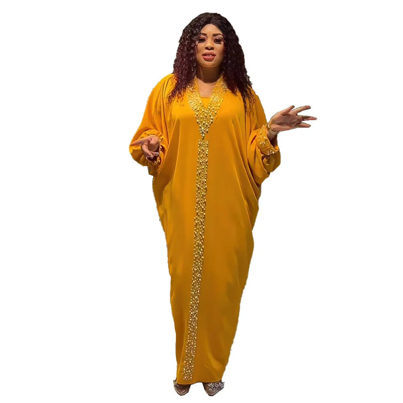 Elegante Rayon Tecido Vestido com Strass e Beads, Vestuário Africano, Nova chegada, Plus Size