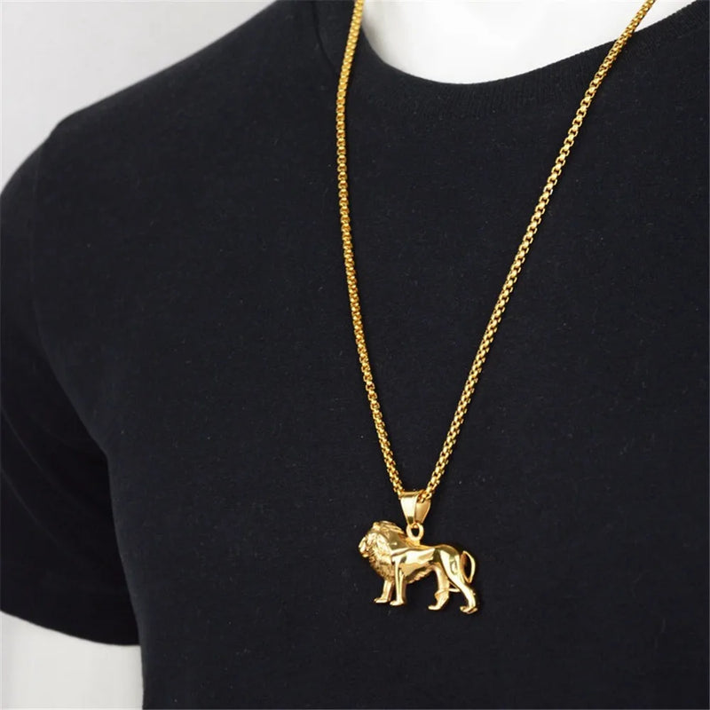Punk South African Animal King Lion Pendant Gold Color Stainless Steel Chain Necklace for Women Men Africa Jewelry Male Gift