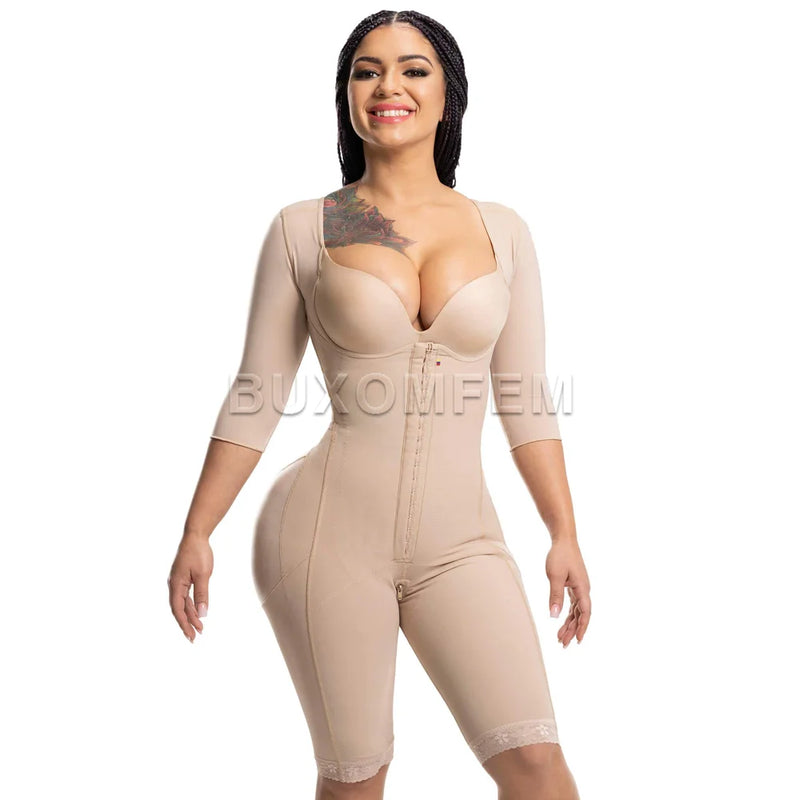 Seamless Faja with Sleeves & Bra Elastic Tight Push Up Complete Body Shaper Adjustable Bodysuits with Hook Eyes Shapewear Girdle