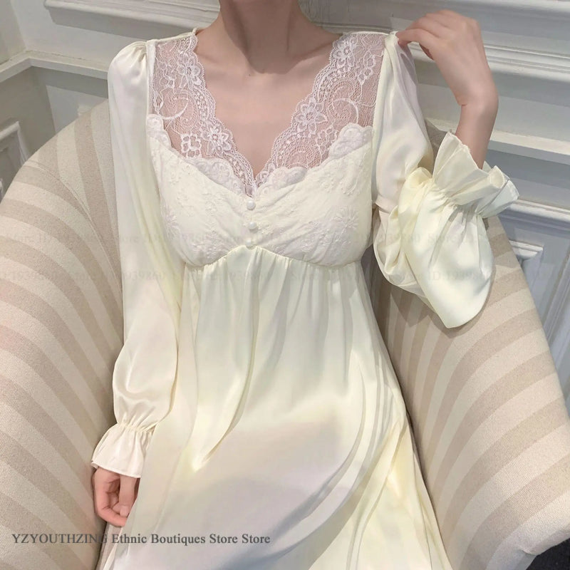Women Long Sleepdress Nightgown Elegant Retro Court Style Nightdress Home Dressing Gown Spring Summer Rayon Sleepwear Loungewear
