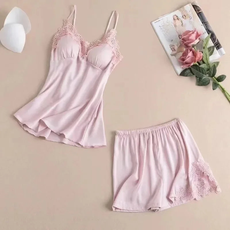 Summer Ice Silk Thin Strap Sleepwear Sexy Women's Home Clothes with Chest Pad High End Sensual Nightgown V-neck No Sleeve