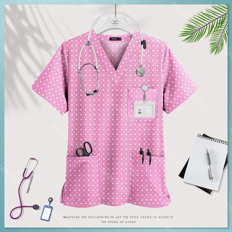 Medical Uniform Tops for Women Medical Print V-Neck Clinical Uniform T-shirts Short Sleeved Pocket Tops Surgical Uniforms Woman