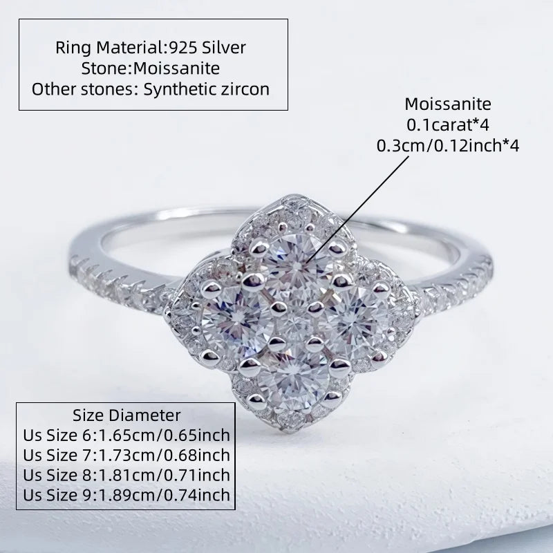 Anel de moissanite de prata esterlina s925 de 0,4 quilates com design de trevo de quatro folhas joias de prata pura