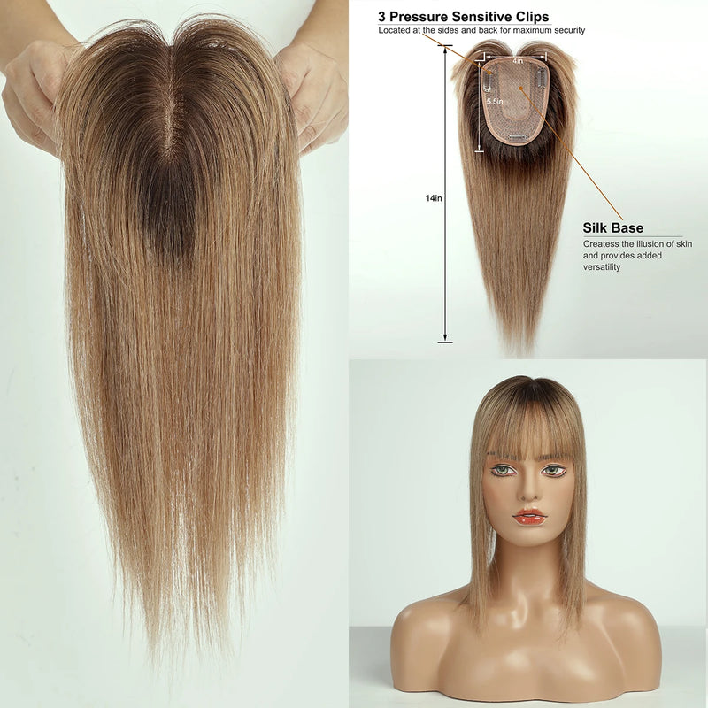 Toppers de cabelo loiro ombre para mulheres 100% remy cabelo humano topper com base de seda bang clipe em topper extensão de cabelo com cabelo fino