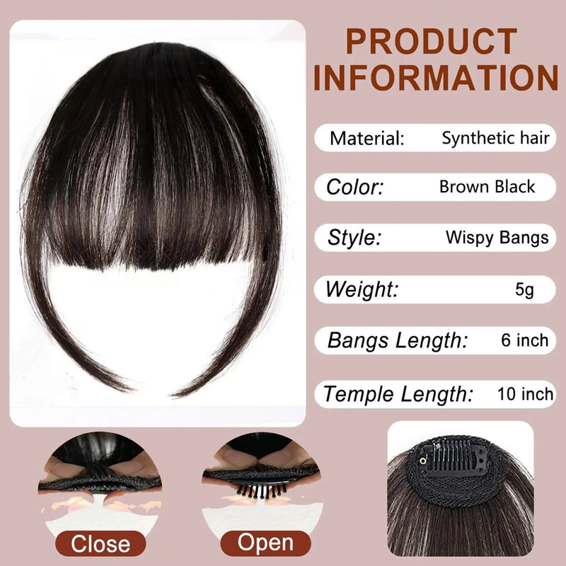 Clip In Bangs Brown Fake Bangs Extensions Wispy Clip on Air Bangs for Women Fringe with Temples Hairpieces Curved Bangs
