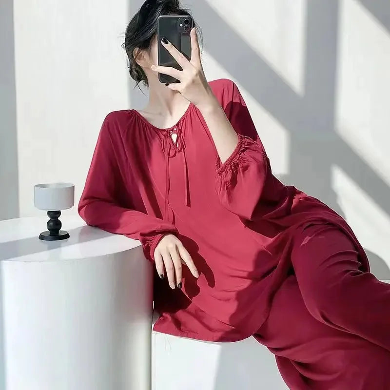 Spring Autumn Cotton Silk Sleepwear Women Loose Thin Home Clothes Set Large Size V-neck Comfortable Breathable Home Fashion