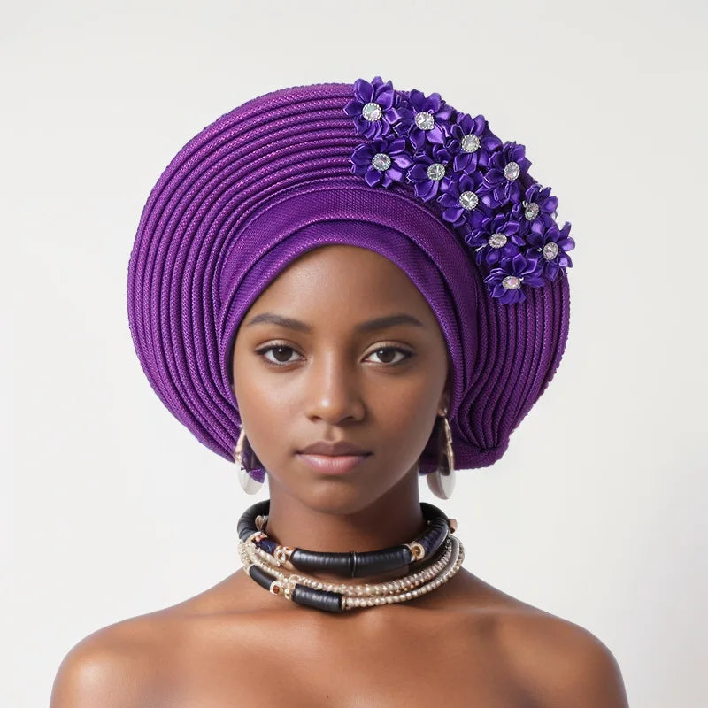 Vermelho Multi-Layered chapéu de turbante, Africano Fan Shaped cabeça Wraps, Headwear plissado com Cristal, Nigéria Headtie, Auto Gele, Casamento