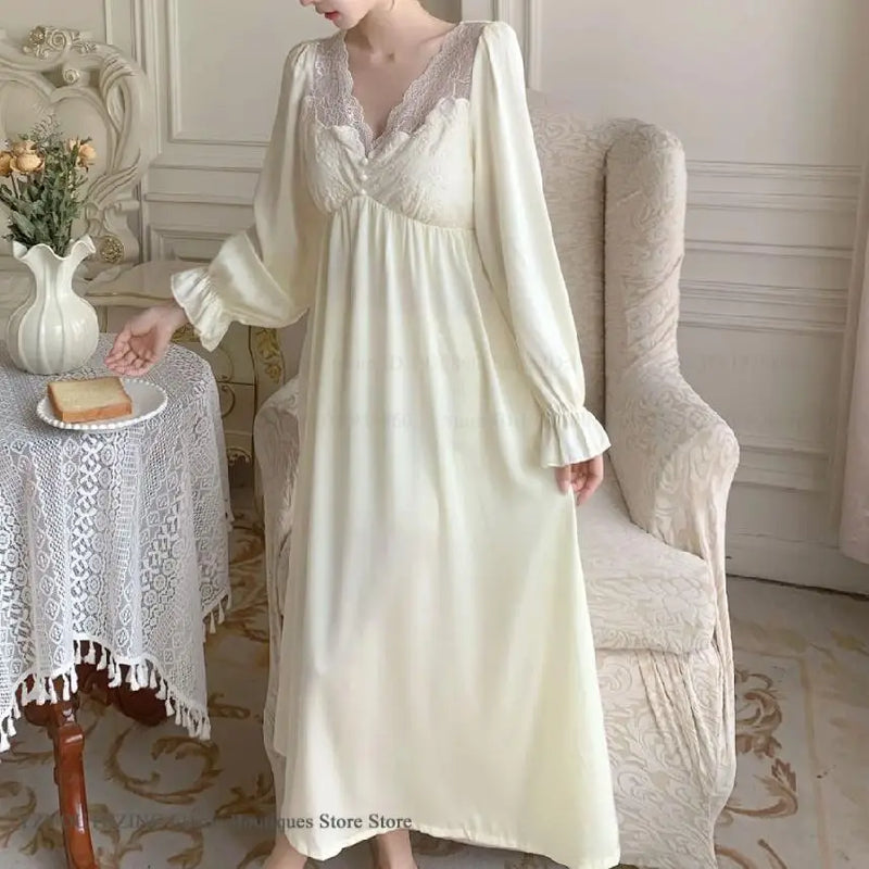 Women Long Sleepdress Nightgown Elegant Retro Court Style Nightdress Home Dressing Gown Spring Summer Rayon Sleepwear Loungewear