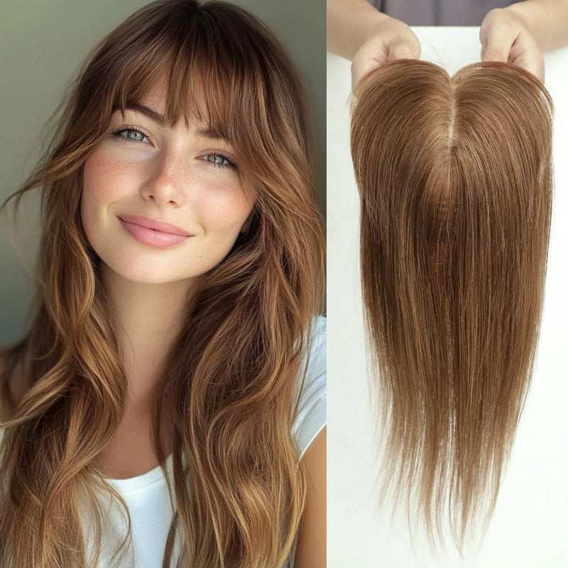 Toppers de cabelo humano remy, base de seda marrom reta, extensão de cabelo com franja, topper de cabelo humano para mulheres, uso diário, 14 tamanhos