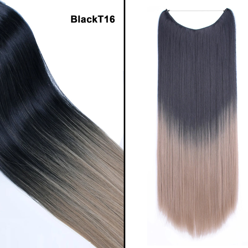 Jeedou One Piece Synthetic Hair Extension No Clips Whit Invisible Line Straight&Wavy Hair Hairpieces Brown Blue Ombre Color