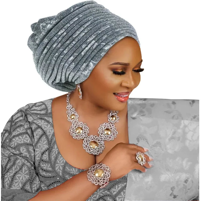African Lady Headpiece Muslim Headscarf Hat Glitter Fabric Turban Cap for Women Pleated Head Wraps Bonnet