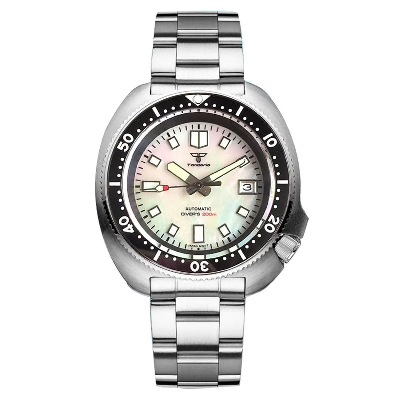 Tandorio NH35A Mother of Pearl White Black Dial Automaitc  Mens Watch Captain Mechanical 20Bar Silicone Strap Diving Lume Clock