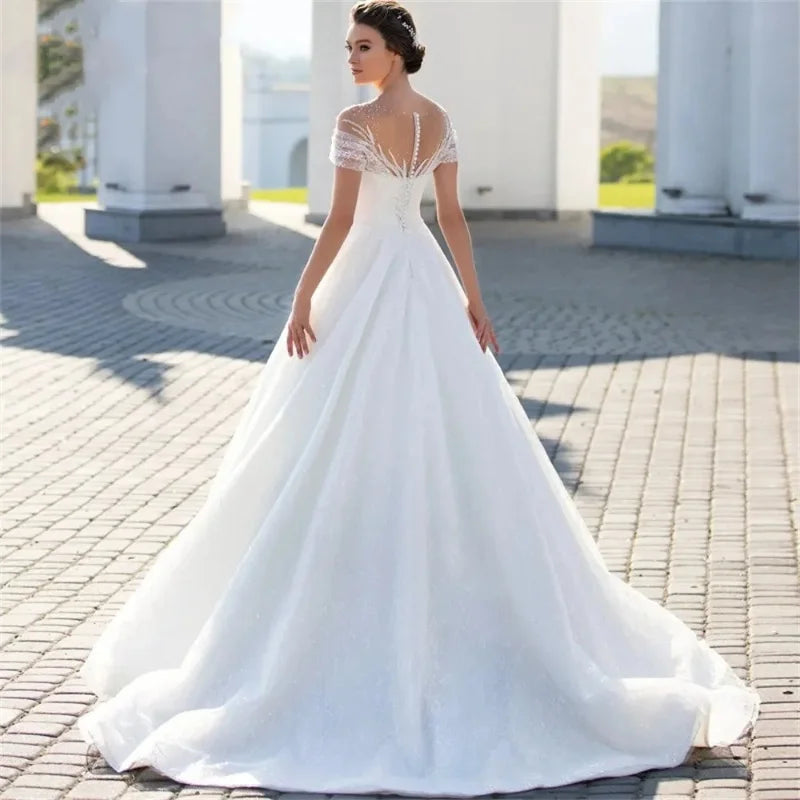 Customized Elegant Short Sleeve Wedding Dress Classic Beaded Bride Gown 2025 A-line Off-Shoulder Bride Robe Vestidos De Novia